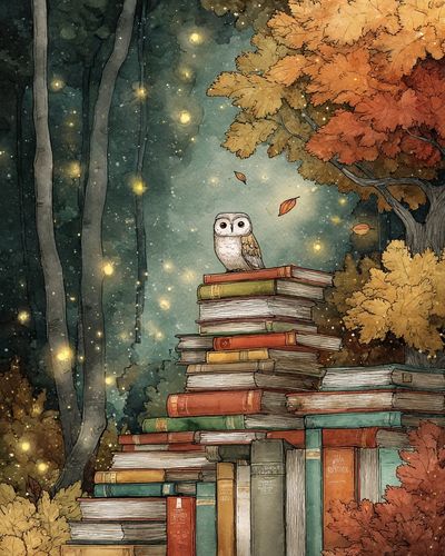 Owl in Autumn Library Poster.