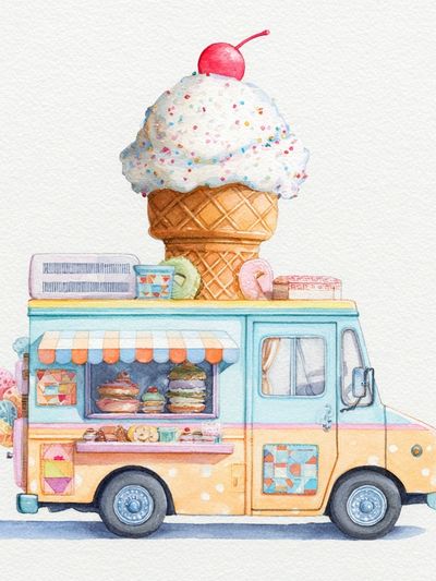 Ice Cream Truck Watercolor Poster.