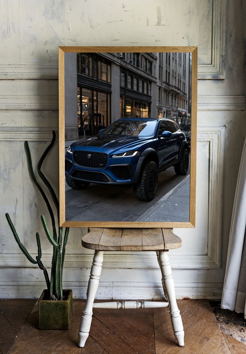 Blue Jaguar SUV Street Photography Poster. room preview
