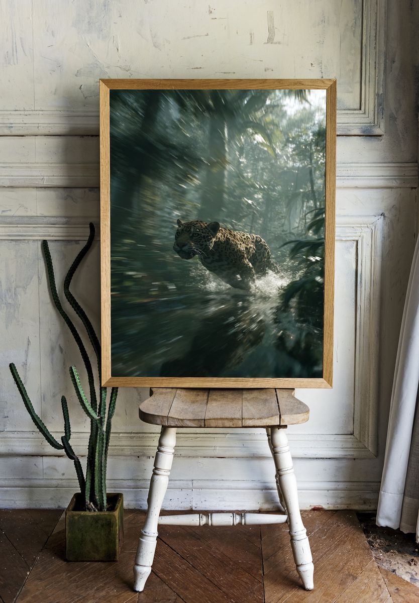 Leaping Jaguar — Wildlife Photography Poster. — room view 1