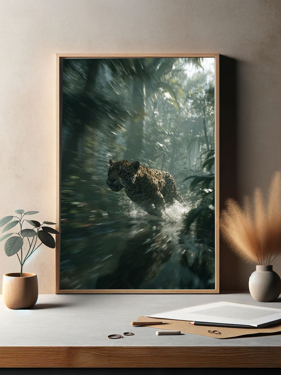 Leaping Jaguar — Wildlife Photography Poster. — room view 2