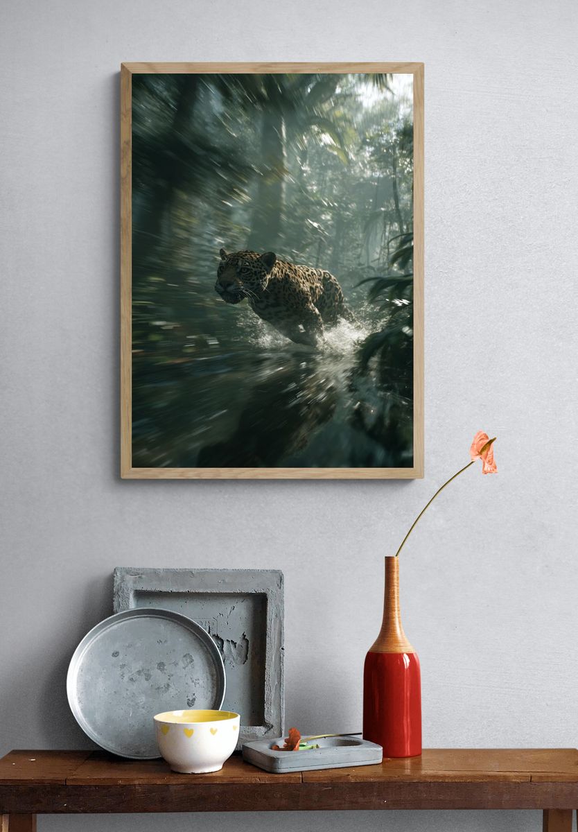 Leaping Jaguar — Wildlife Photography Poster. — room view 3