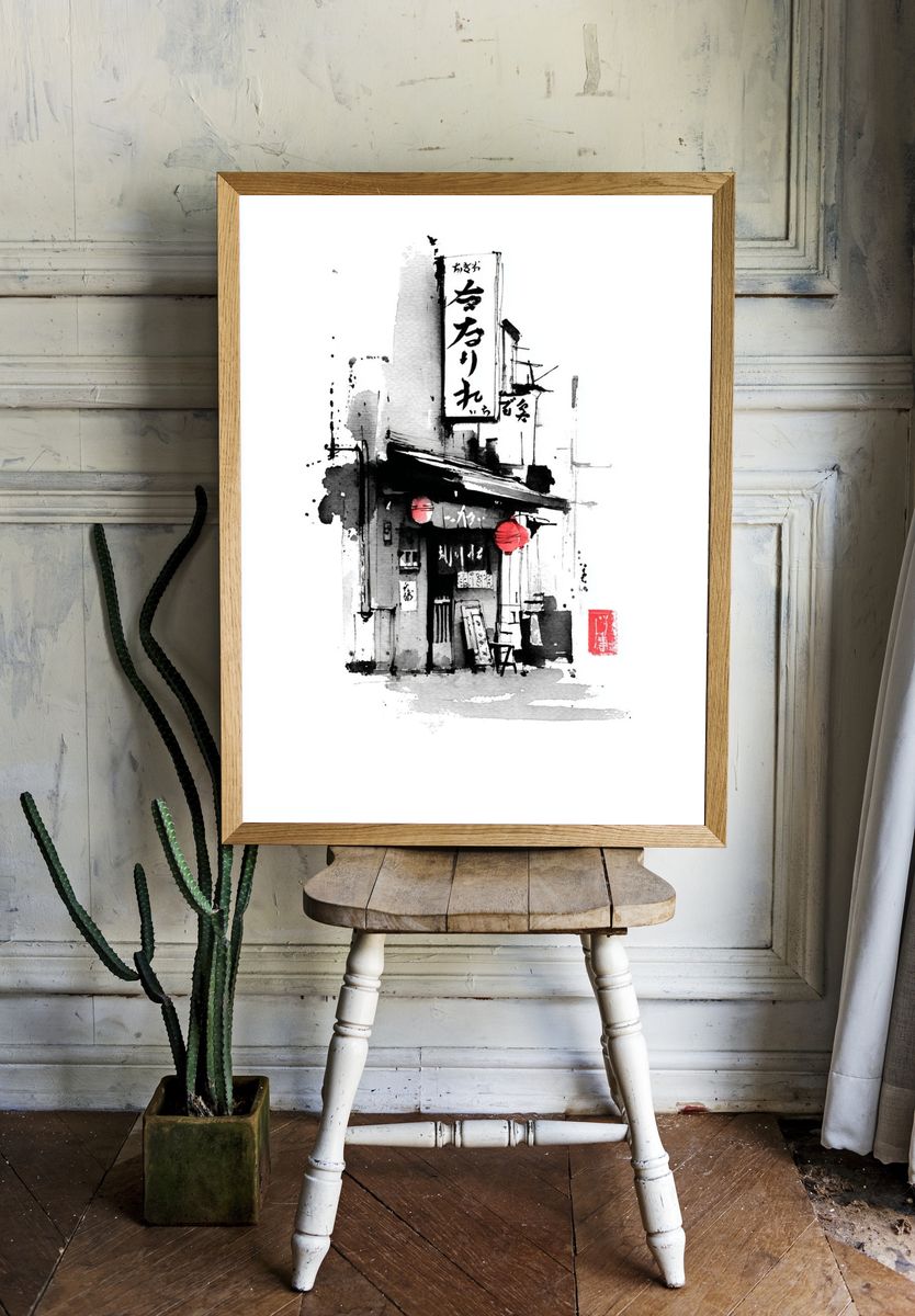 Japanese Alley Ink Illustration Poster. — room view 1