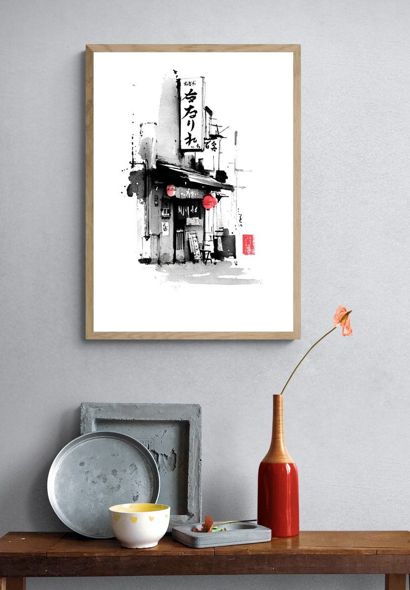Japanese Alley Ink Illustration Poster. — room view 3