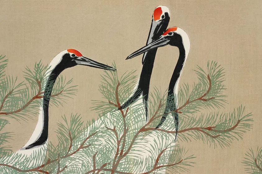 Cranes Among Pine — Japanese Art Print. poster — illustration art