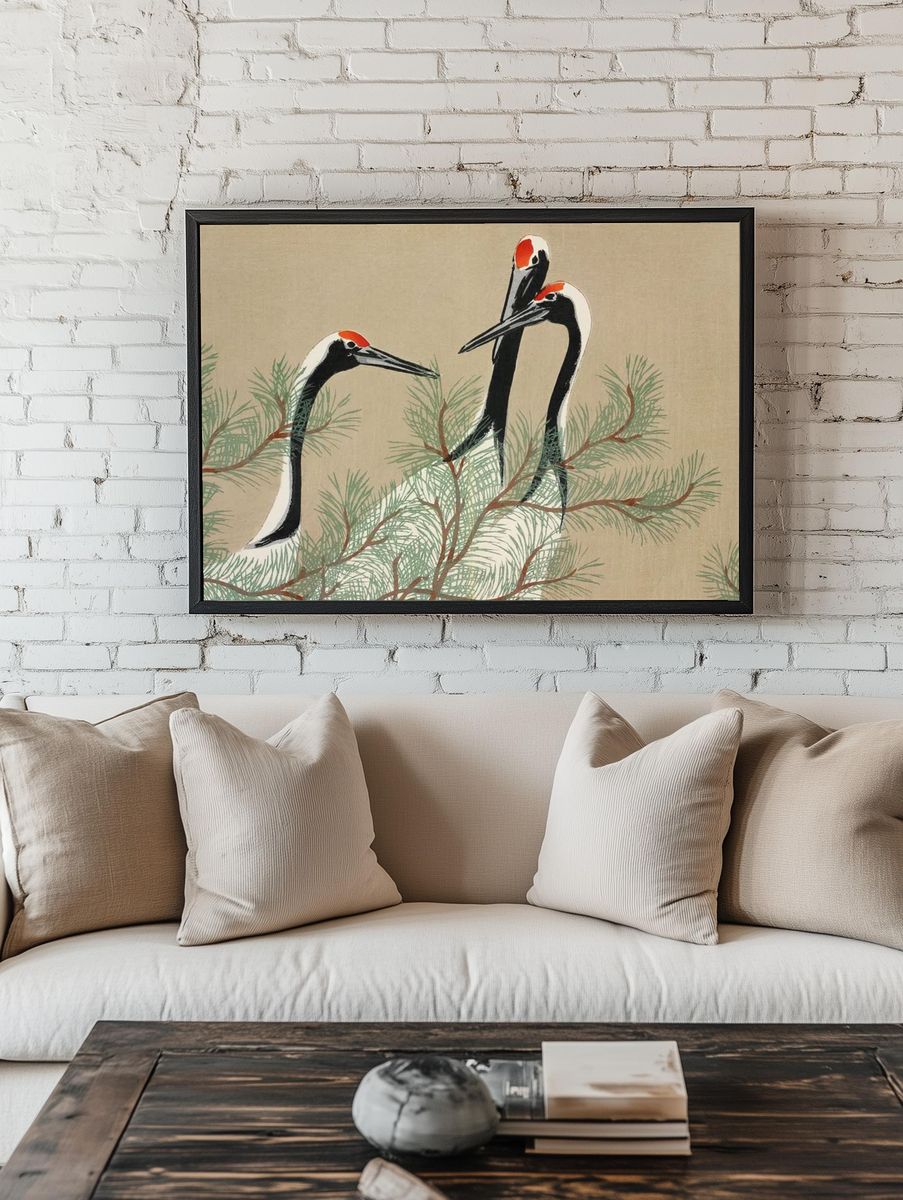 Cranes Among Pine — Japanese Art Print. — room view 1