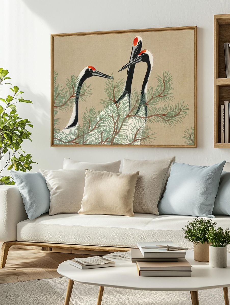 Cranes Among Pine — Japanese Art Print. — room view 2