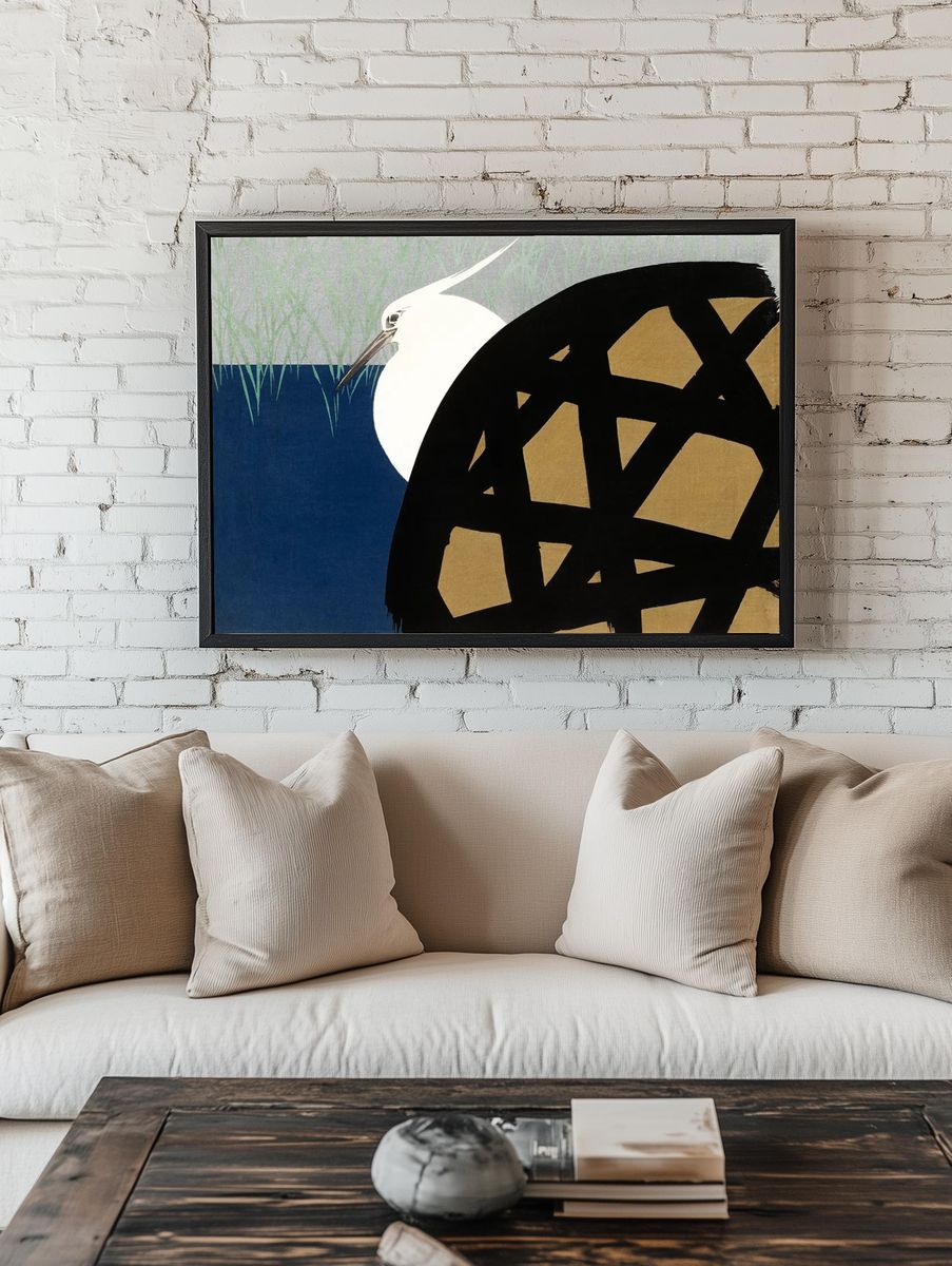 Heron and Water — Japanese Print Poster. — room view 1