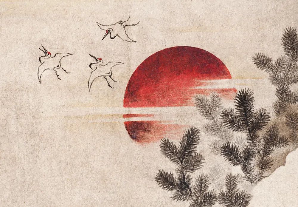 Cranes and Red Sun — Japanese Art Print. poster detail