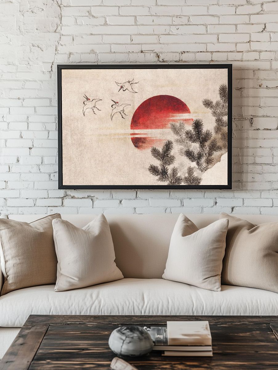 Cranes and Red Sun — Japanese Art Print. — room view 1
