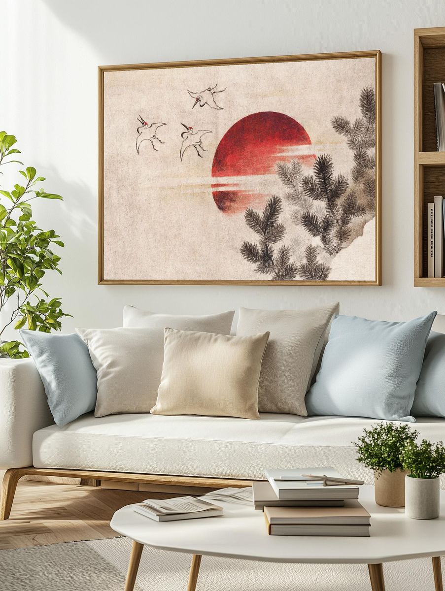 Cranes and Red Sun — Japanese Art Print. — room view 2