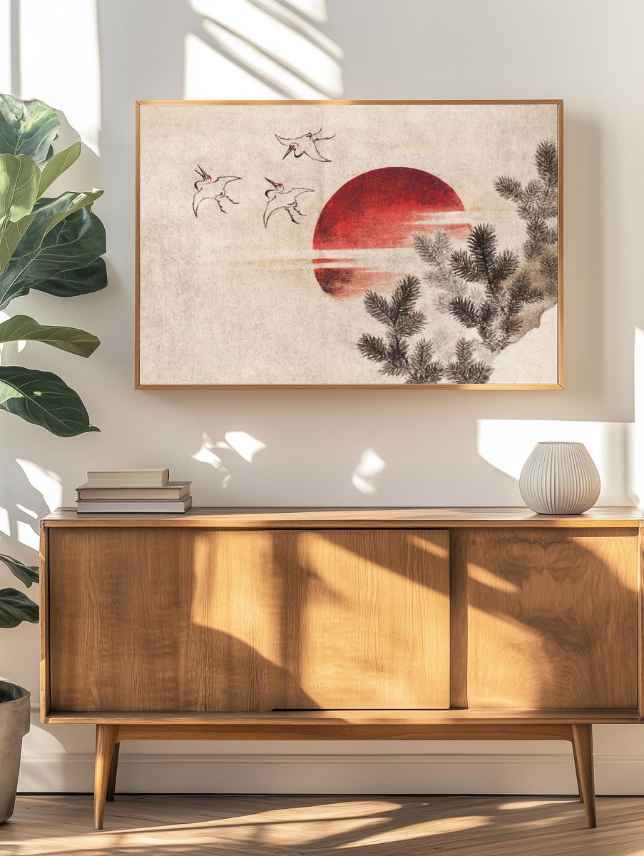 Cranes and Red Sun — Japanese Art Print. — room view 3