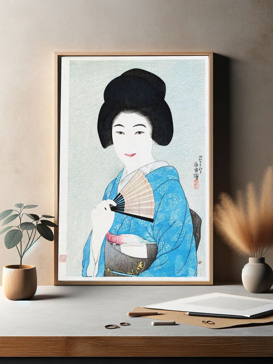 Geisha with Fan — Japanese Art Print. — room view 2