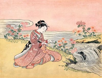Japanese woman picking chrysanthemum (1725-1770).