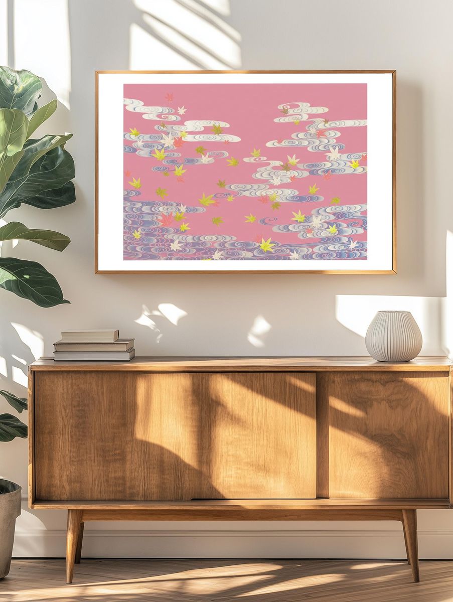Autumn Leaves on Pink Clouds — Japanese Style Print. — room view 3