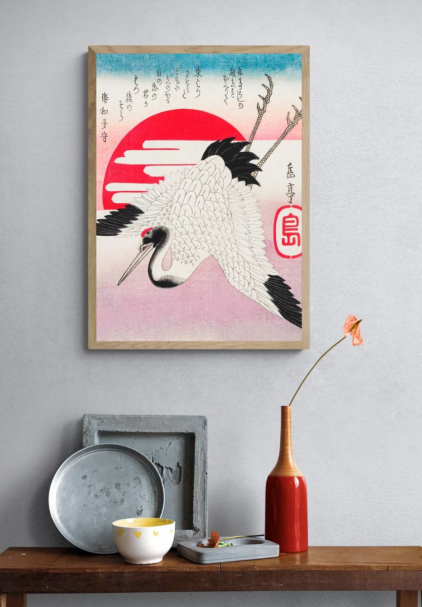 Japanese Crane and Rising Sun Print. — room view 3