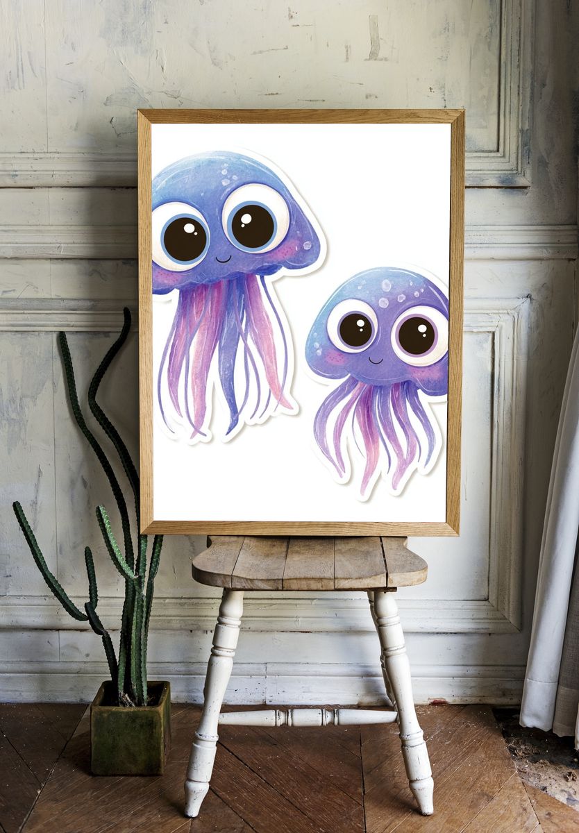 Cute Jellyfish Watercolor Print. — room view 1