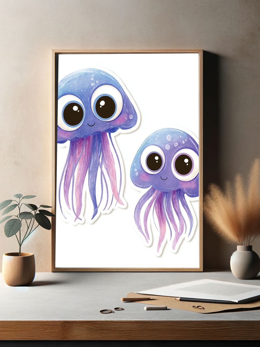 Cute Jellyfish Watercolor Print. — room view 2