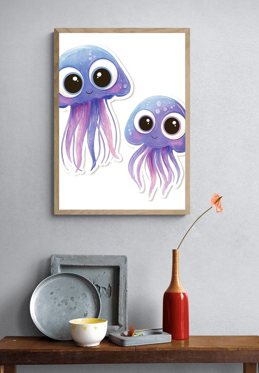 Cute Jellyfish Watercolor Print. — room view 3