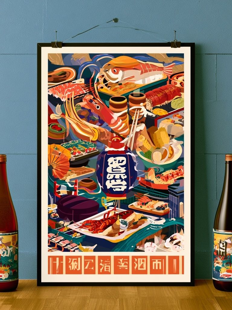 Japanese Seafood Feast Vintage Poster. poster detail