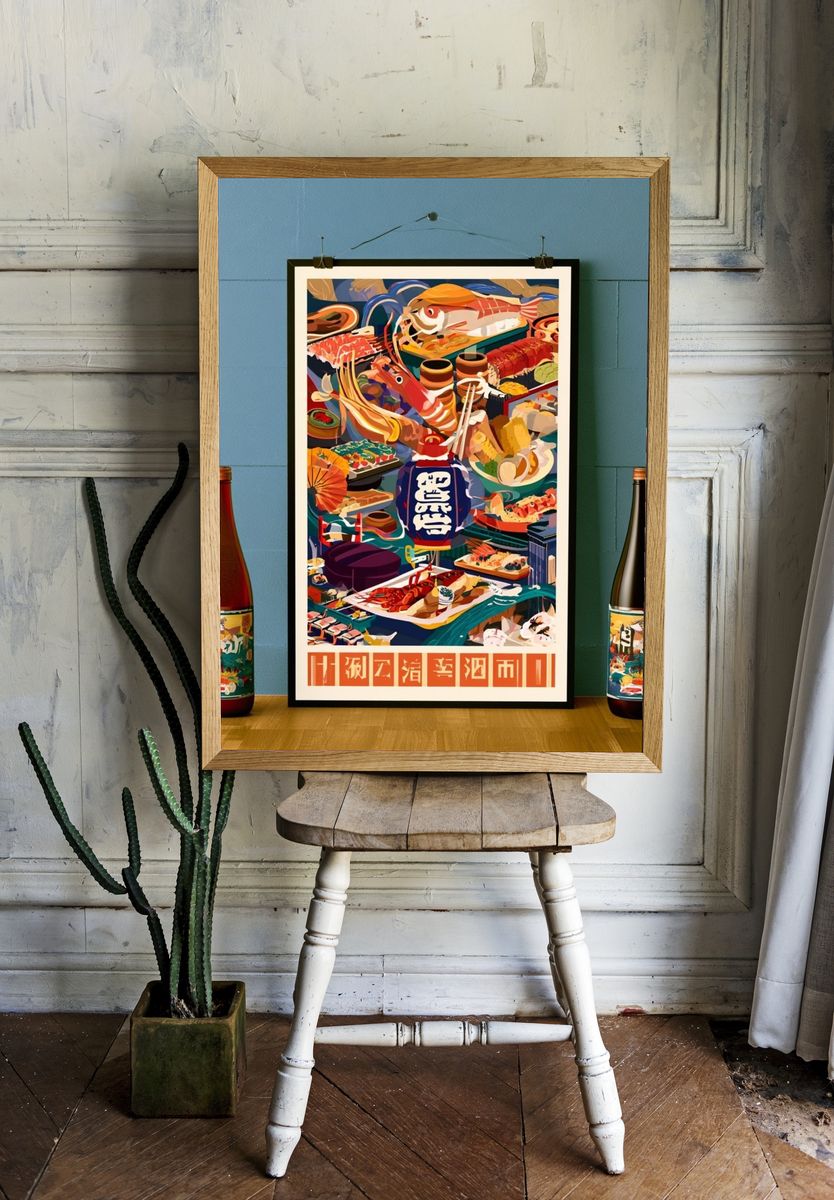 Japanese Seafood Feast Vintage Poster. room preview