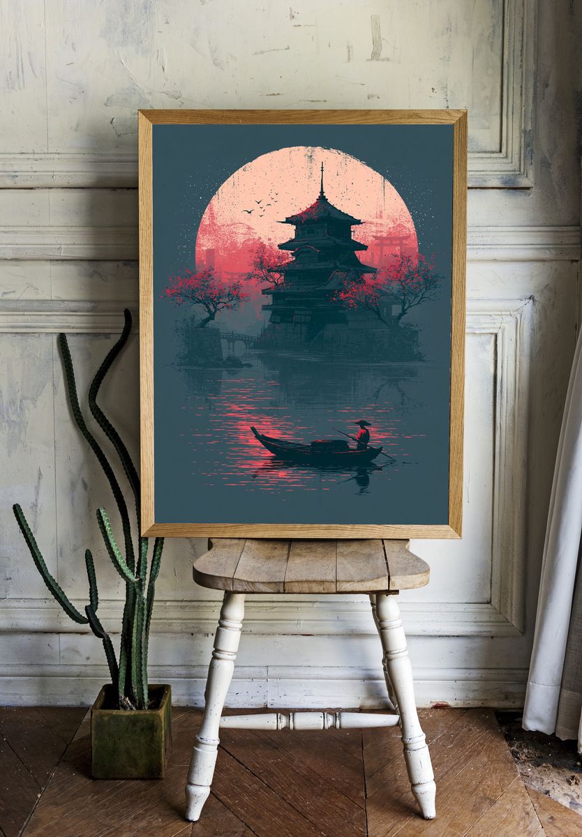 Japanese Pagoda Sunset Print. room preview