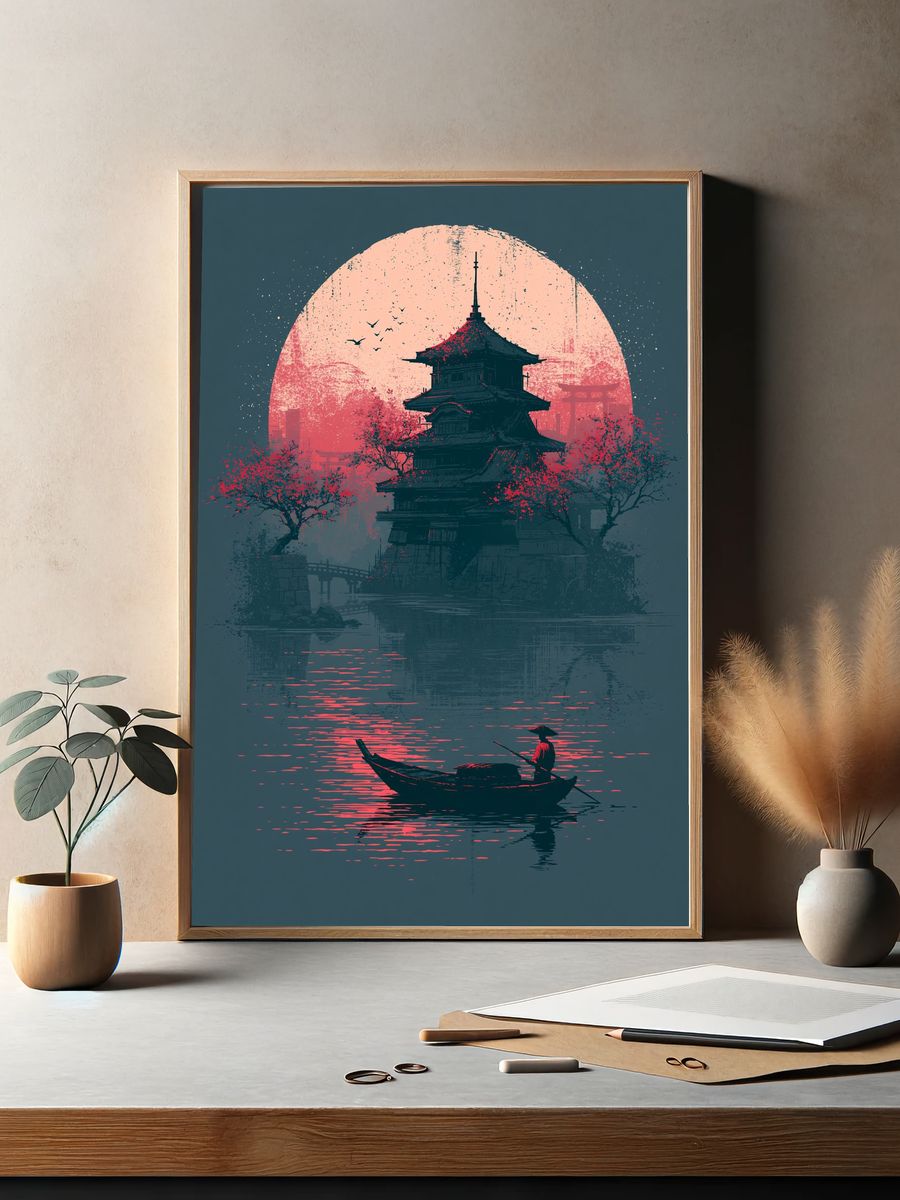 Japanese Pagoda Sunset Print. — room view 2