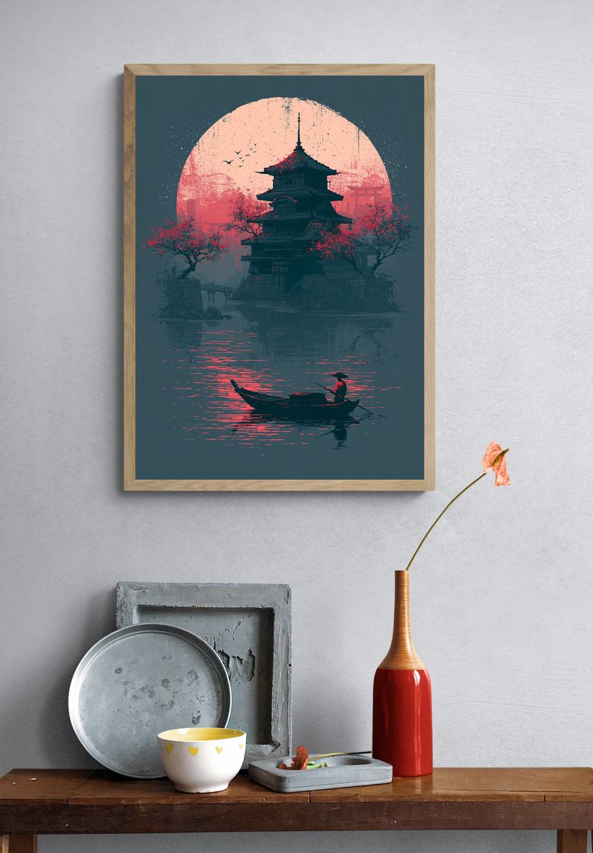 Japanese Pagoda Sunset Print. — room view 3