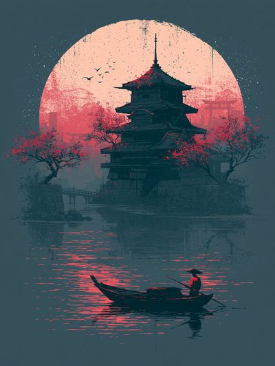 Japanese Pagoda Sunset Print. poster