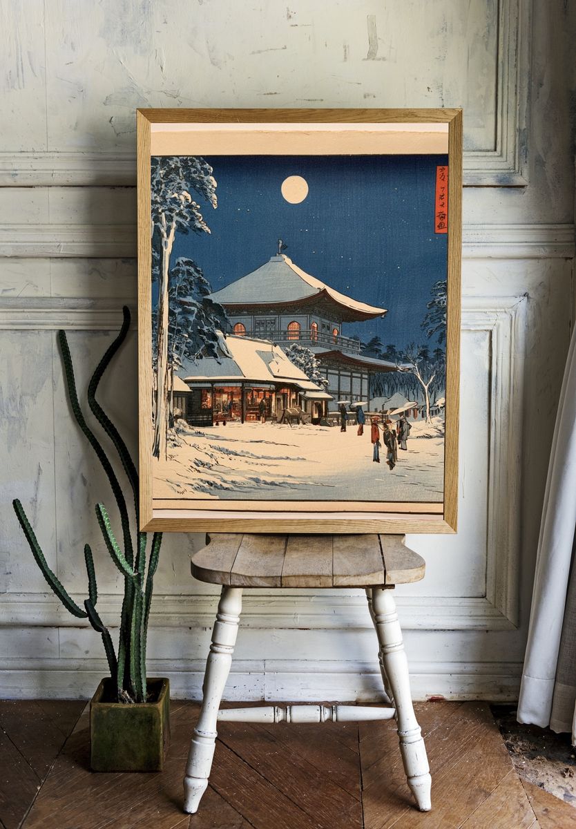 Snowy Japanese Temple Night Print. — room view 1