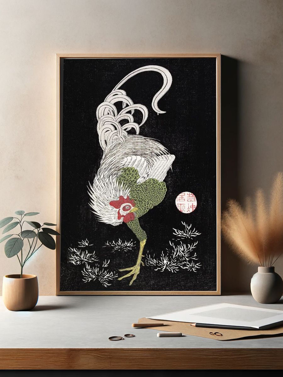 Japanese Rooster Ink Poster. — room view 2