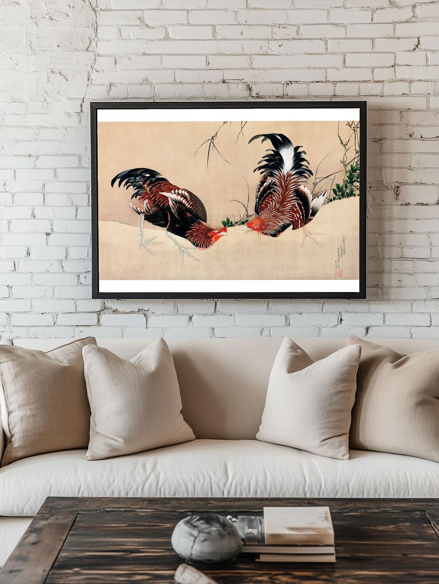Japanese Roosters — Fine Art Print. — room view 1