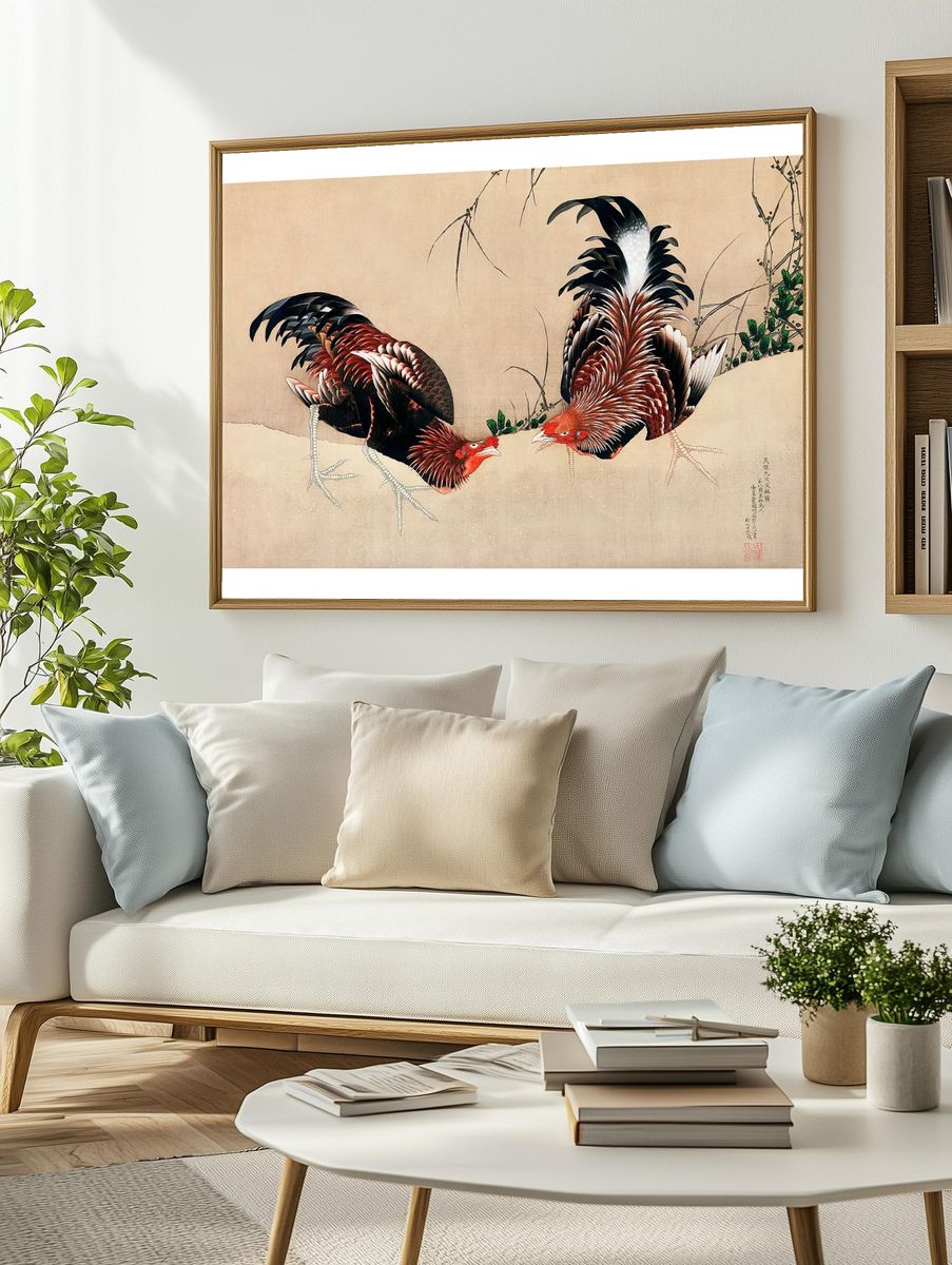 Japanese Roosters — Fine Art Print. — room view 2