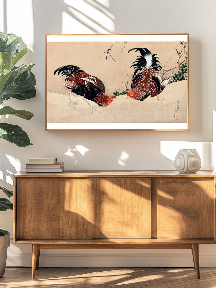 Japanese Roosters — Fine Art Print. — room view 3