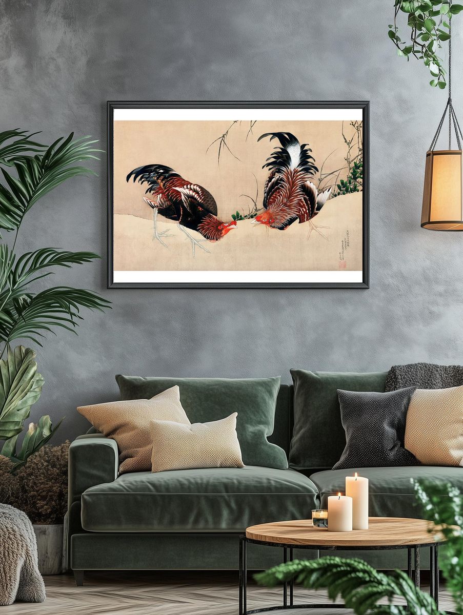 Japanese Roosters — Fine Art Print. — room view 4