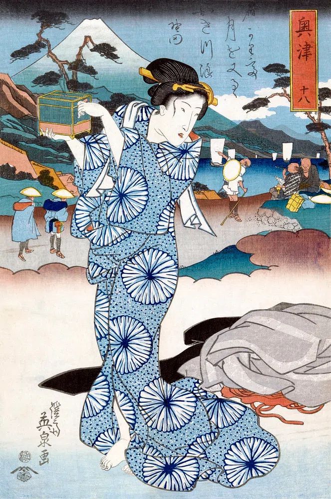 Japanese Woman with Cage — Ukiyo-e Print. poster detail