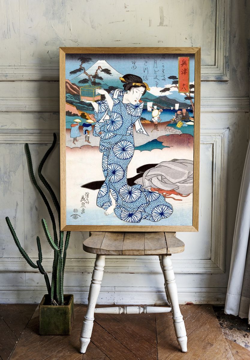 Japanese Woman with Cage — Ukiyo-e Print. — room view 1