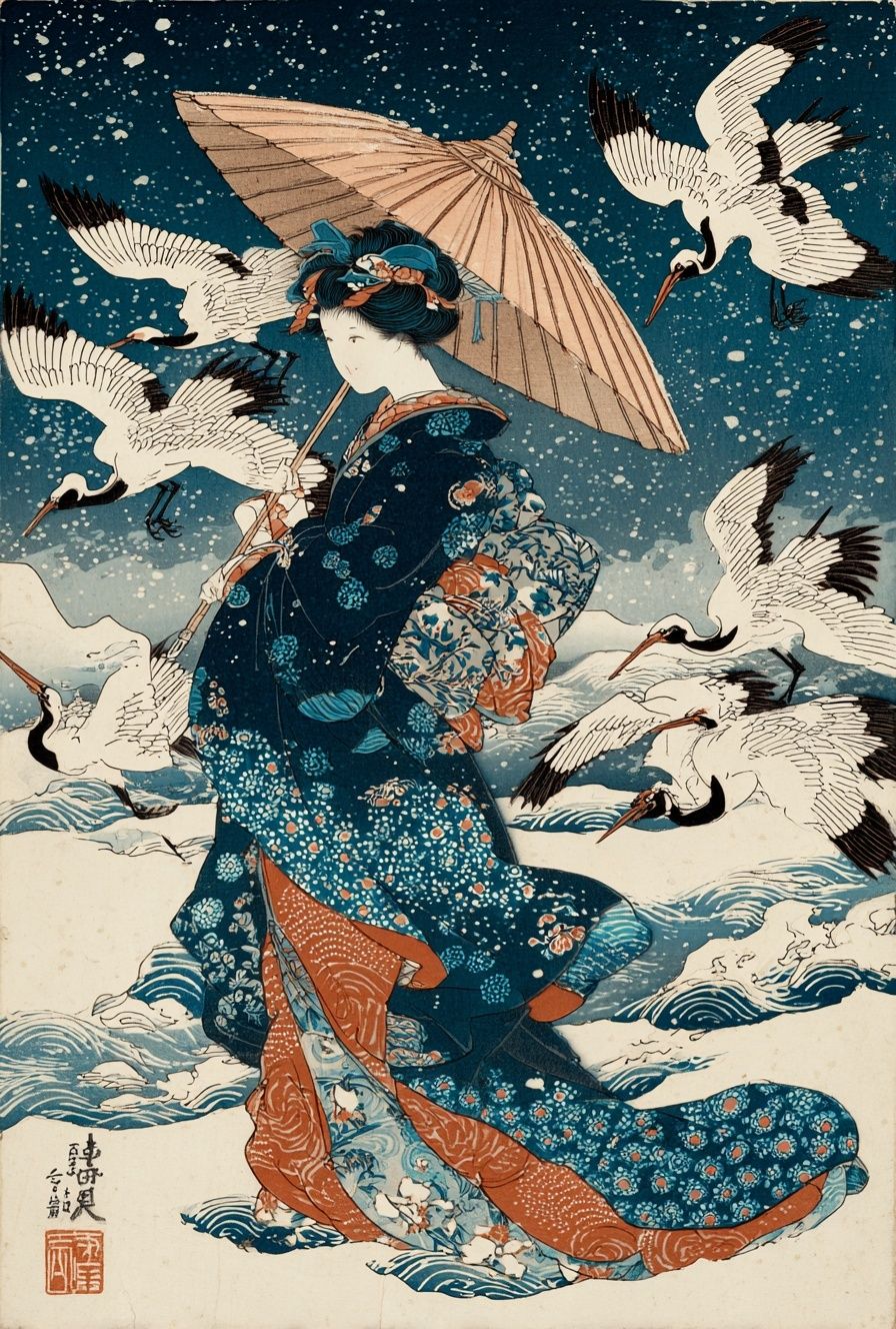 Japanese Woman with Umbrella — Vintage Print. poster — vintage art