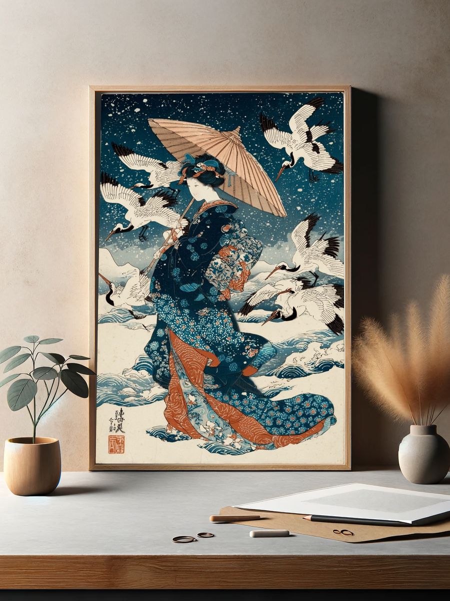 Japanese Woman with Umbrella — Vintage Print. — room view 2