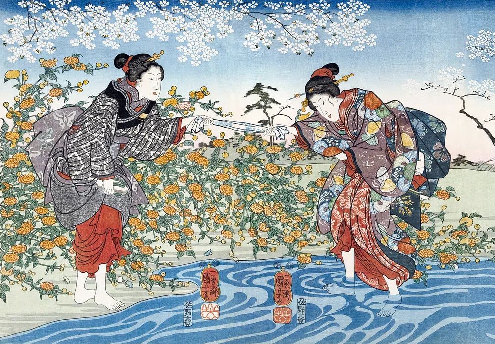 Japanese Women by the River — Ukiyo-e Print. poster — fine-art art