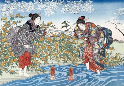 Japanese Women by the River — Ukiyo-e Print. poster print