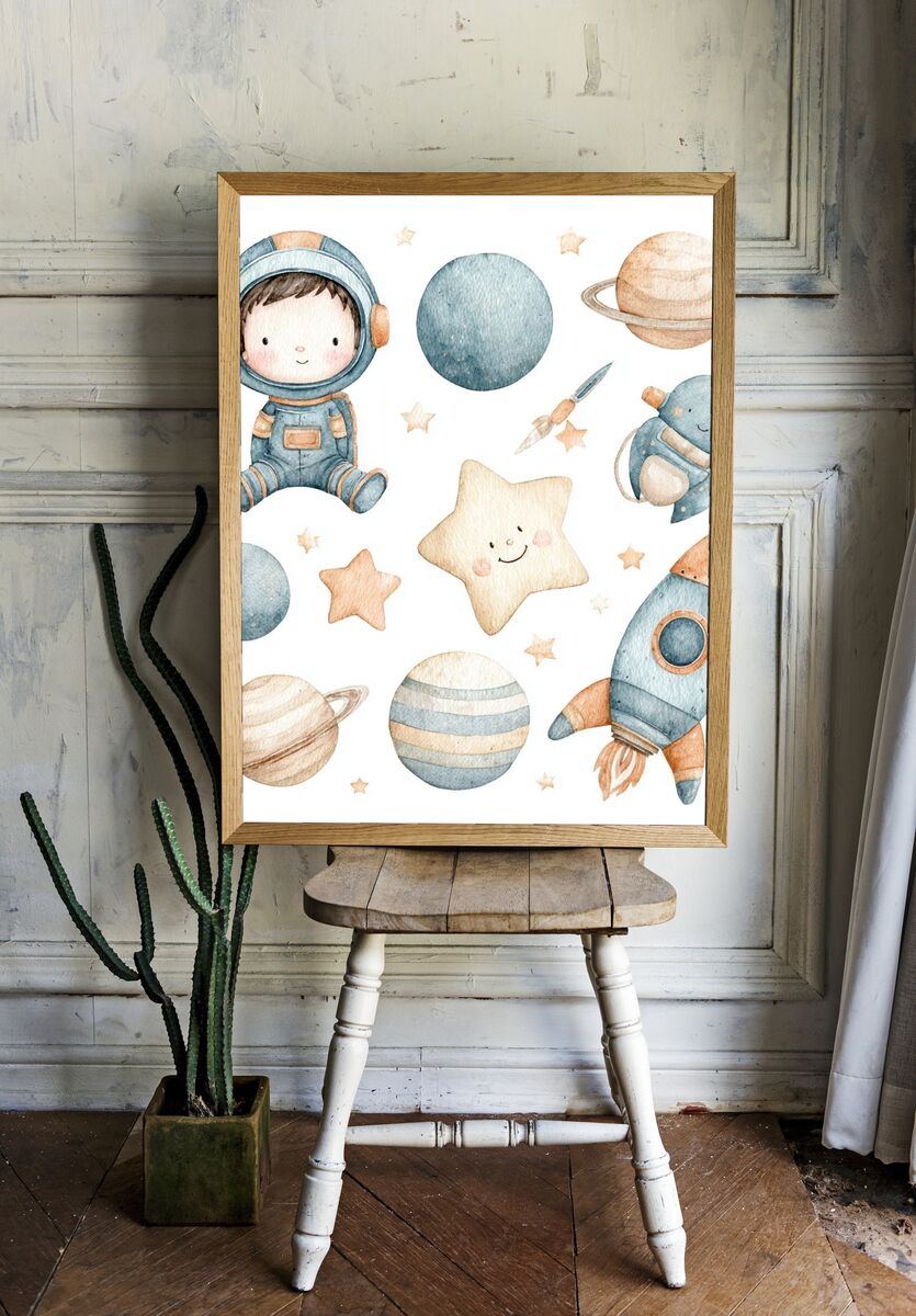 Cute Astronaut and Planets — Watercolor Print. — room view 1