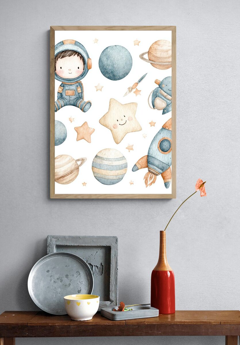 Cute Astronaut and Planets — Watercolor Print. — room view 3