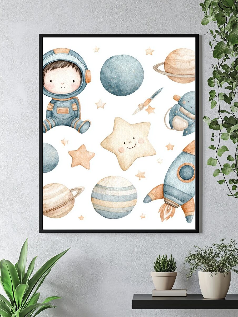 Cute Astronaut and Planets — Watercolor Print. — room view 4