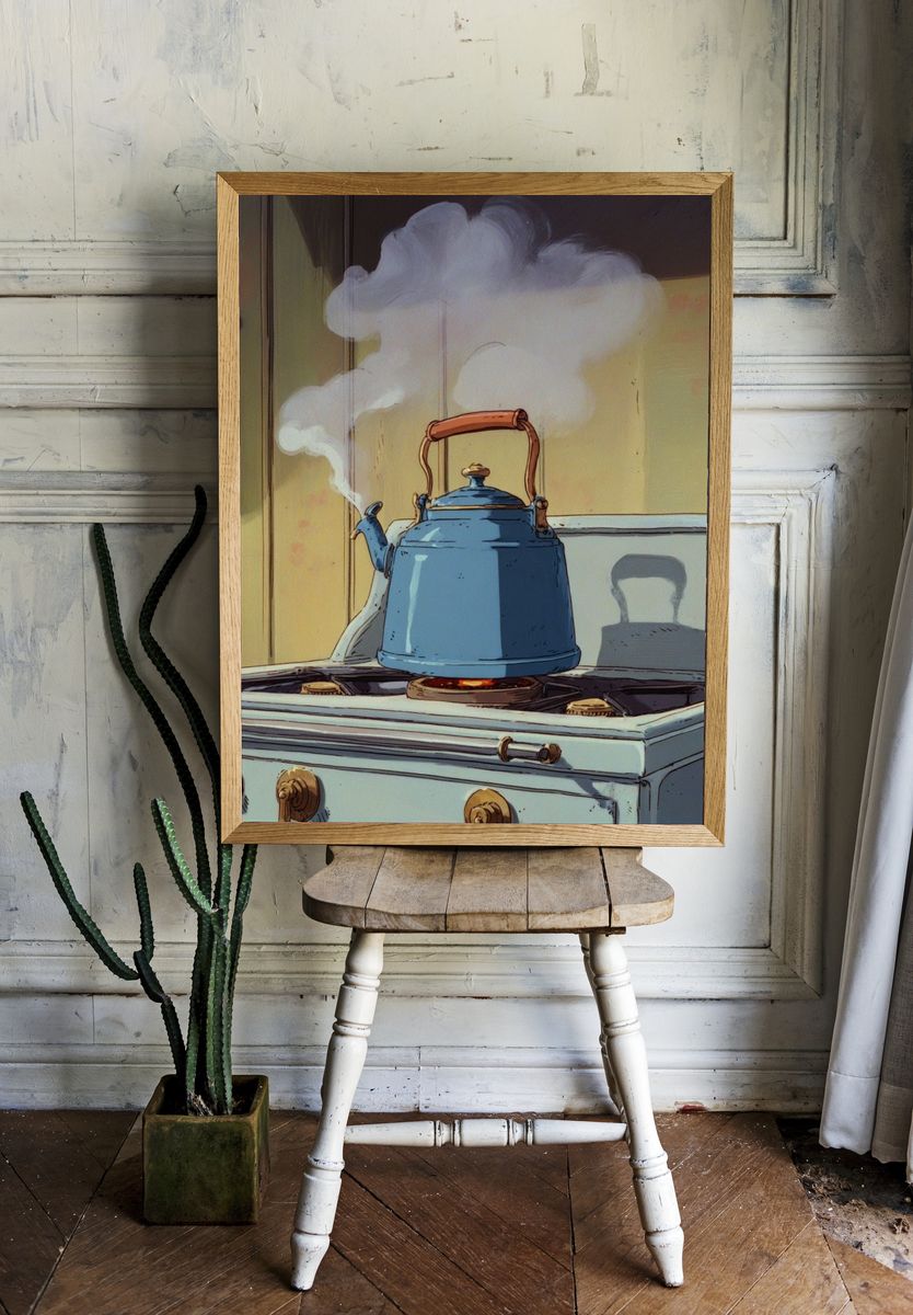 Blue Kettle on Stove — Illustration Print. — room view 1