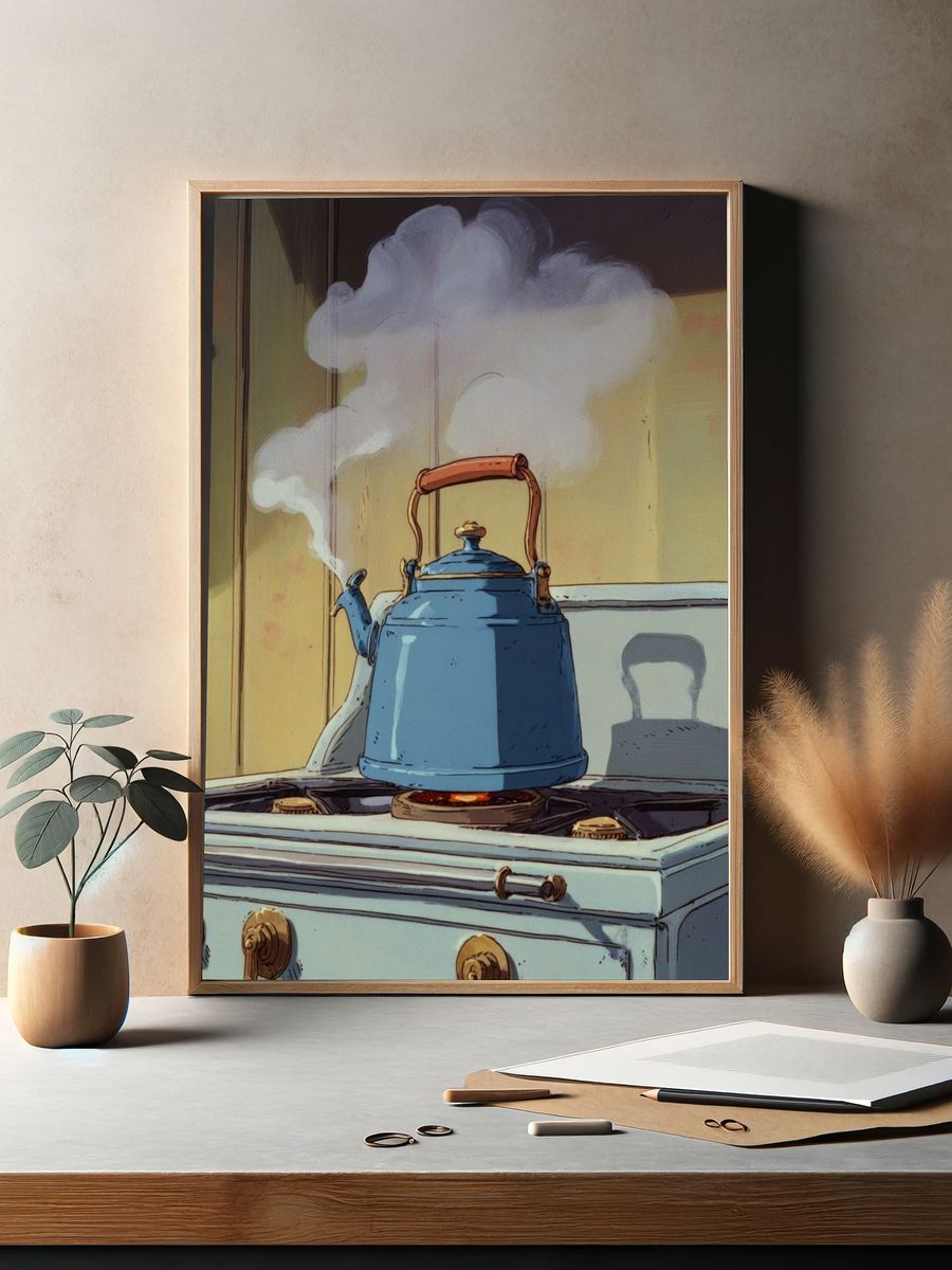 Blue Kettle on Stove — Illustration Print. — room view 2