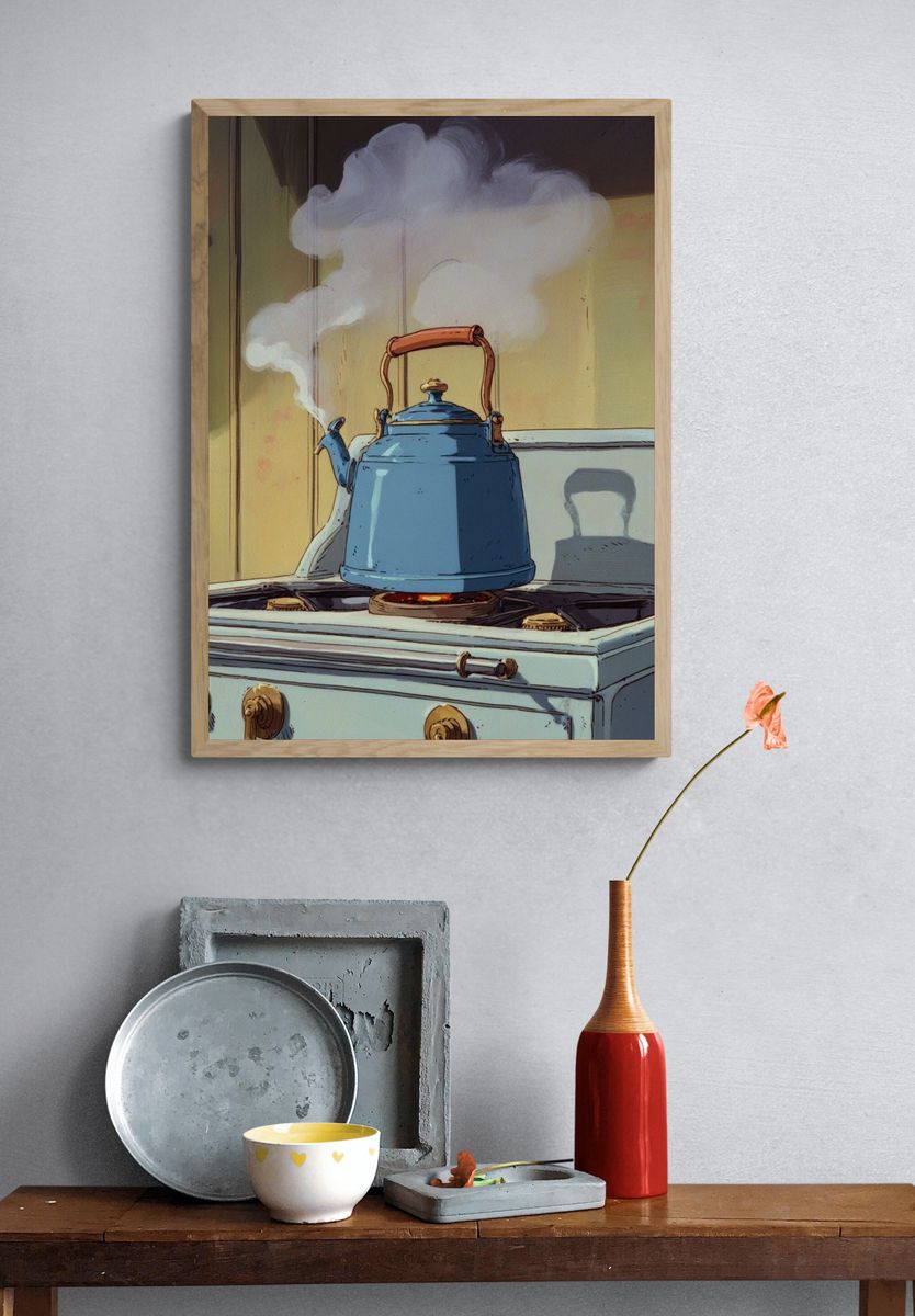 Blue Kettle on Stove — Illustration Print. — room view 3