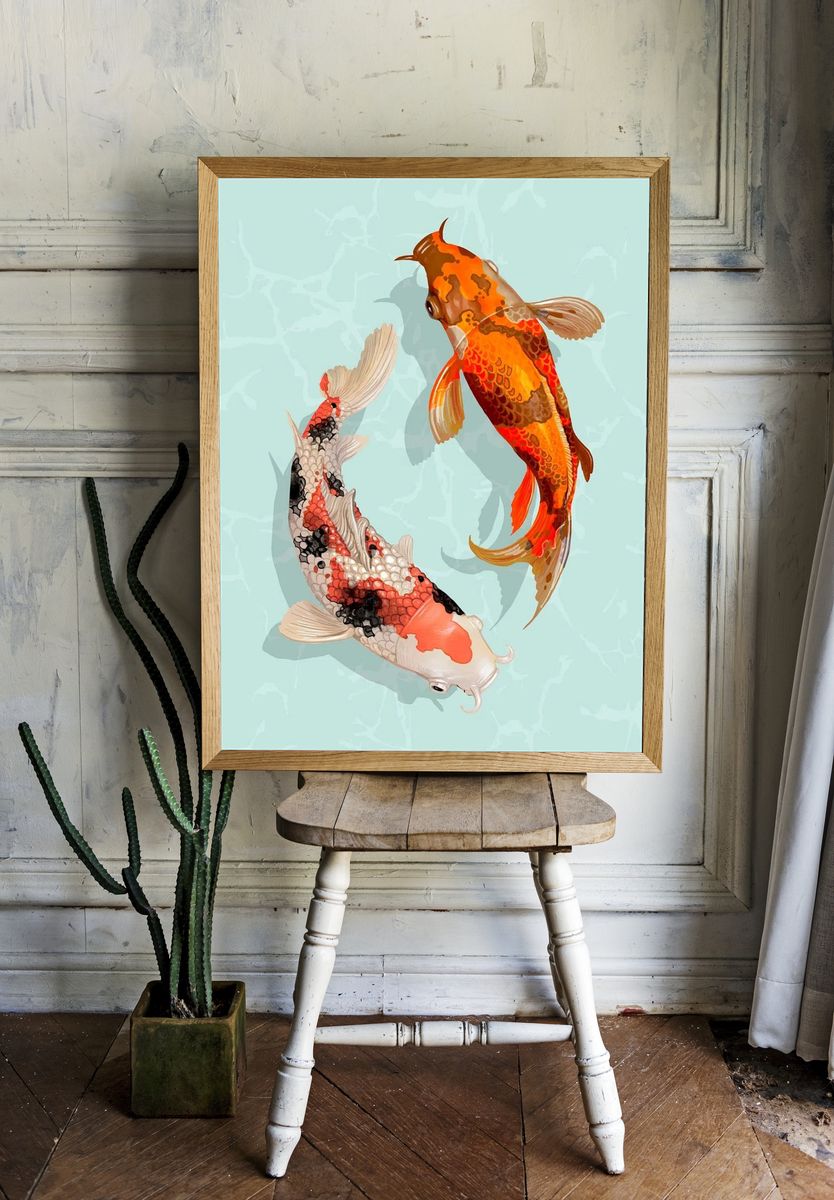 Two Japanese Koi fish swimming. — room view 1