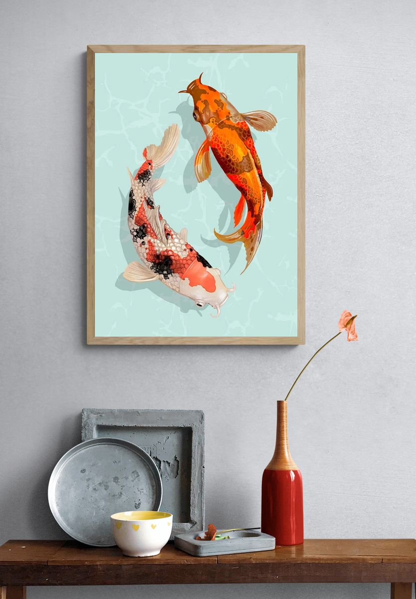 Two Japanese Koi fish swimming. — room view 3