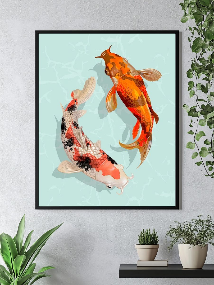 Two Japanese Koi fish swimming. — room view 4